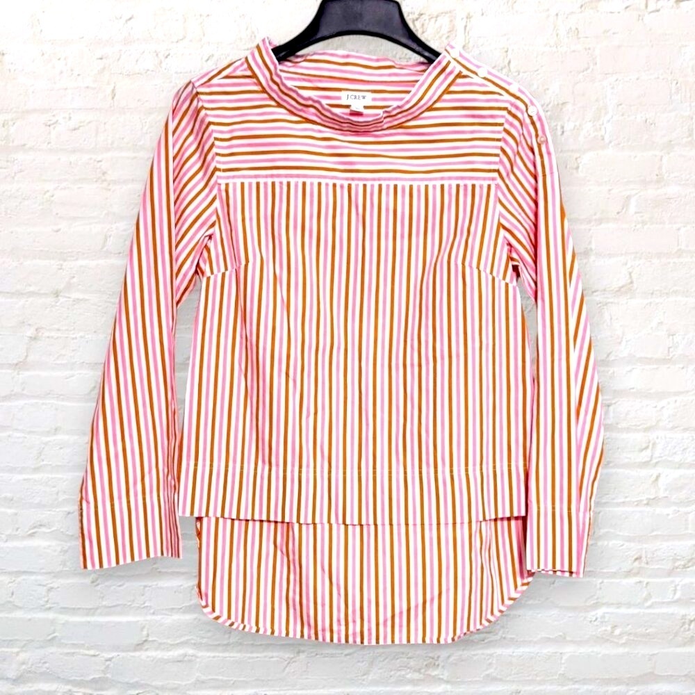 J CREW Pink Gold Brown Stripe Cotton Funnel Neck Blouse Tunic Top Womens M